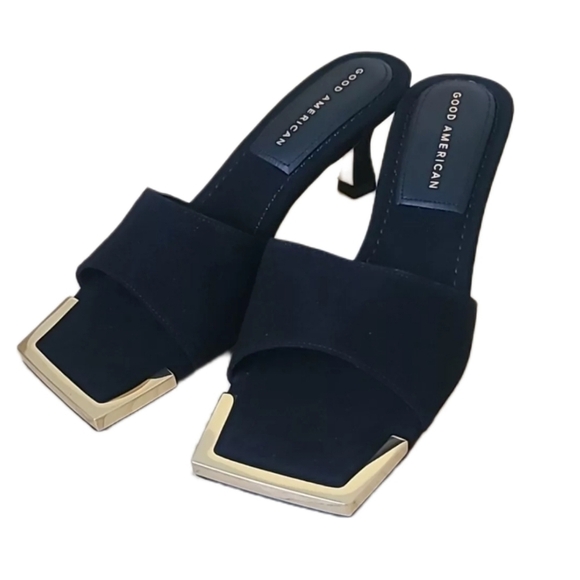 Good American black gold square toe slide sandals shoes size 10